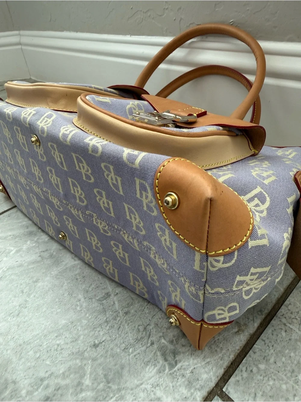 Vintage Y2K Dooney & Bourke Double Pocket Satchel Purple Lavender Tan Trim